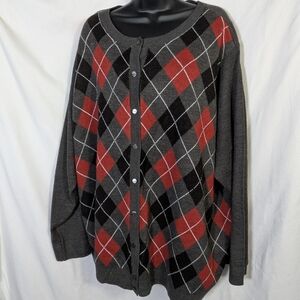 Croft & Barrow Women's Argyle Cardigan Charcoal Red Preppy Academia Classic 4X